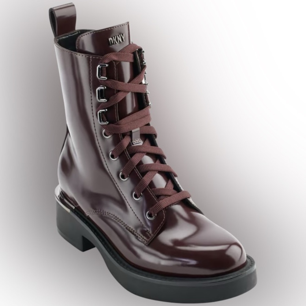 DKNY Talma Bordeaux Wine Combat Boot Sz 7 BNWB - Picture 2 of 4